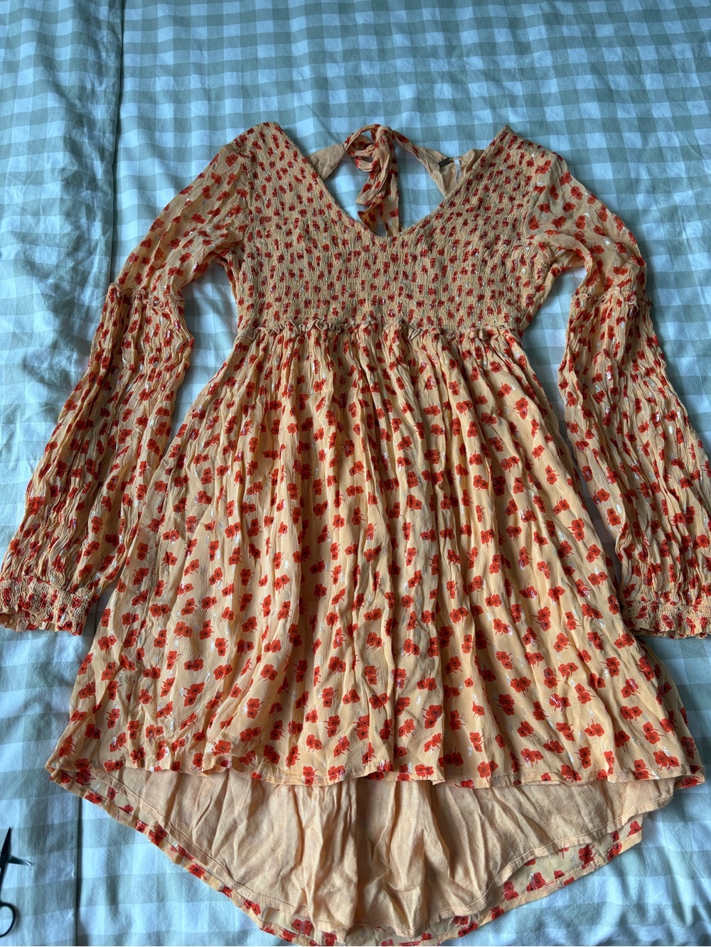 Floral Smocked Long-Sleeve Mini Dress - Peach with Red Floral